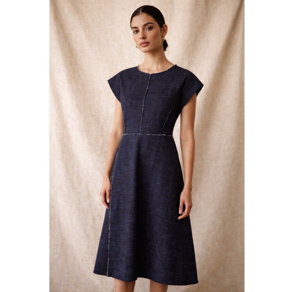 Britt Sisseck Sindet Dress NWT Navy Textured Cotton Raw Edge Minimalist Sz36 US4